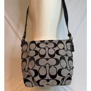 Coach Signature Canvas Shoulder Bag Black Gray Monogram Crossbody Purse Classic